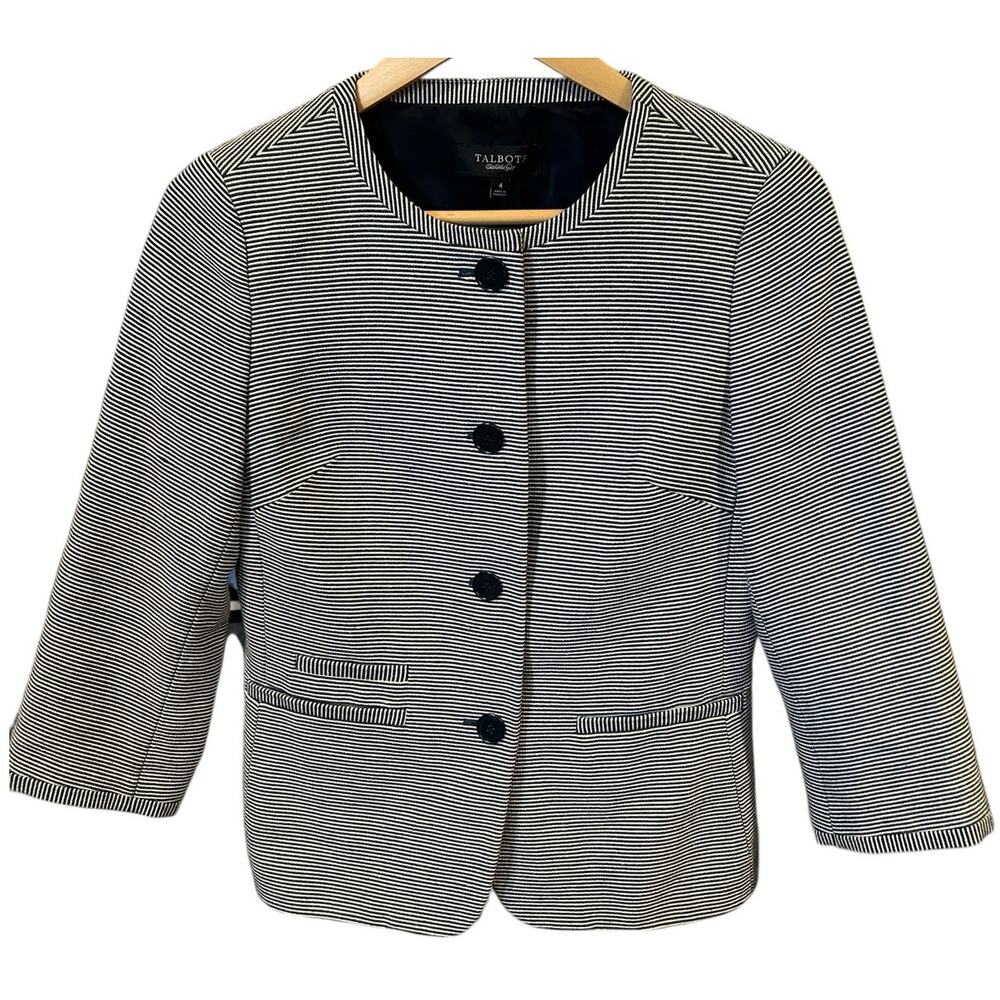 TALBOTS Women's Stripe Collarless Blazer 4  Navy White 3/4 Sleeve Cotton Blend